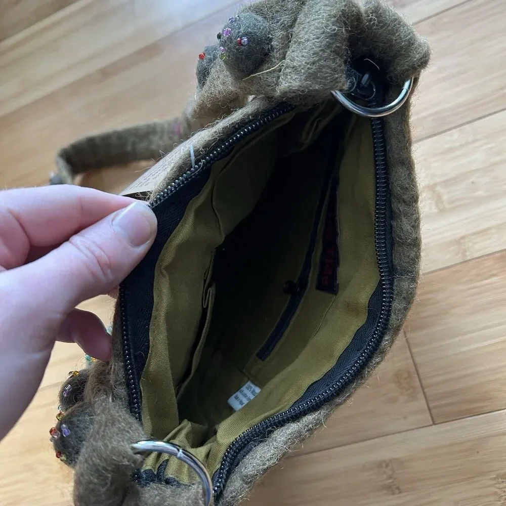 Rising Tide Wool Felted Shoulder Bag Purse Olive Green Artsy Handmade Zipper